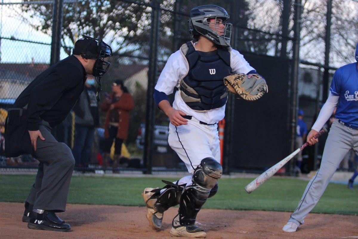 MAKING OUTS Catcher Eloy Zarate, senior, readies a throw to second base in a non-league game against San Gabriel High School. The baseball team went on to win the game in a large shutout, 16-0.