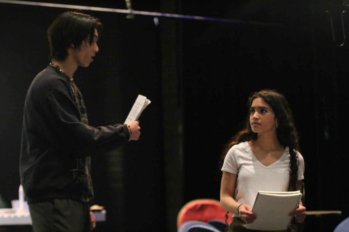 REHEARSAL READING Junior Nick Lee and senior Ceres Black practice a live read of “Spitfire Grill.”
