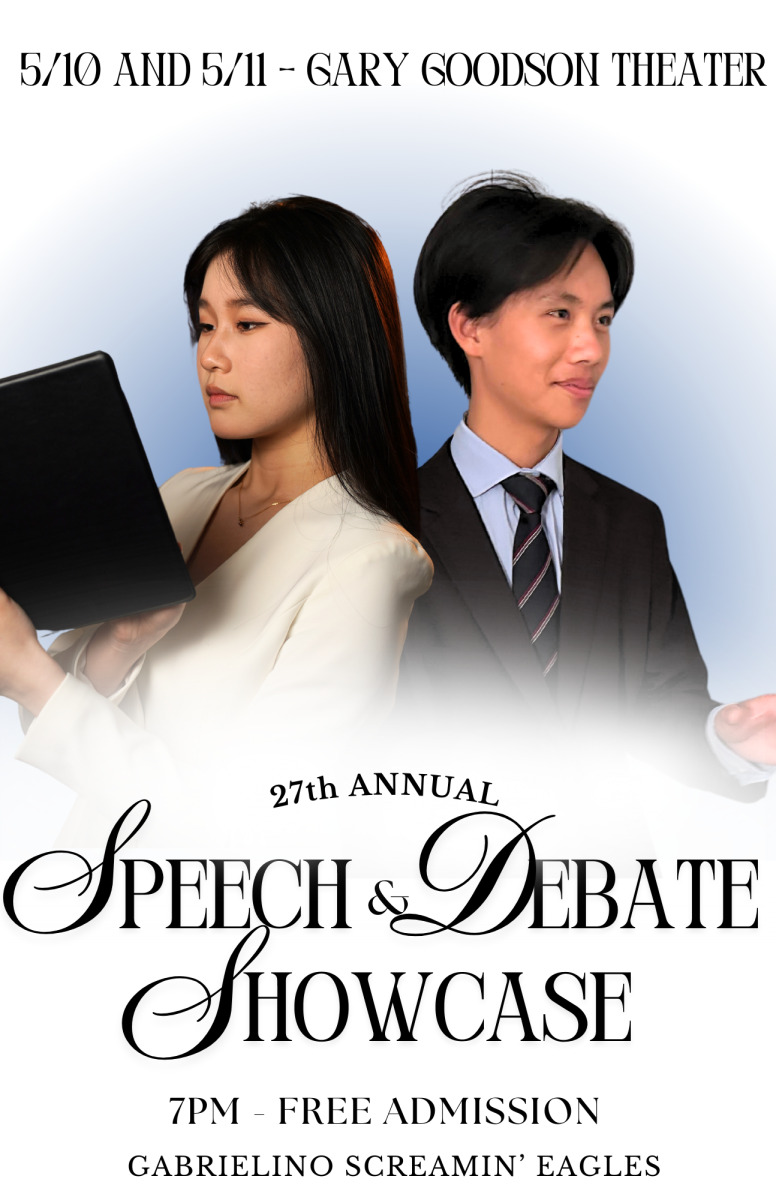 Chenlu Yang, junior, and Cedric Hua, sophomore, on the official Speech & Debate Showcase poster | Photo courtesy of Peyton Ong
