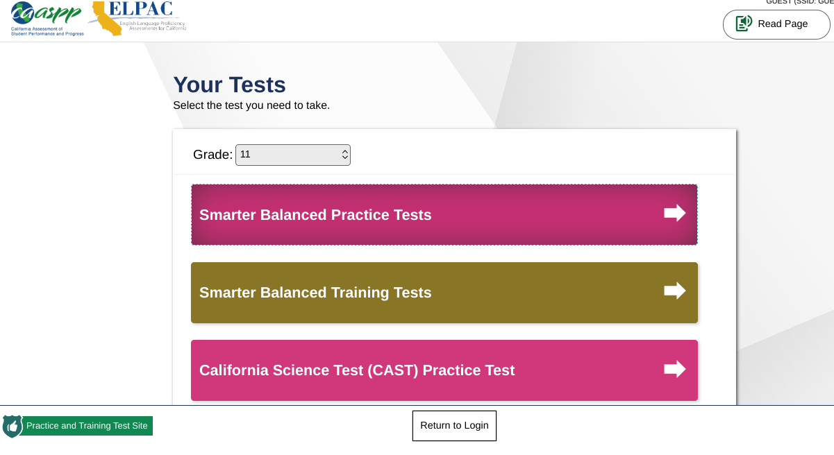 Screenshot of the CAASPP practice tests