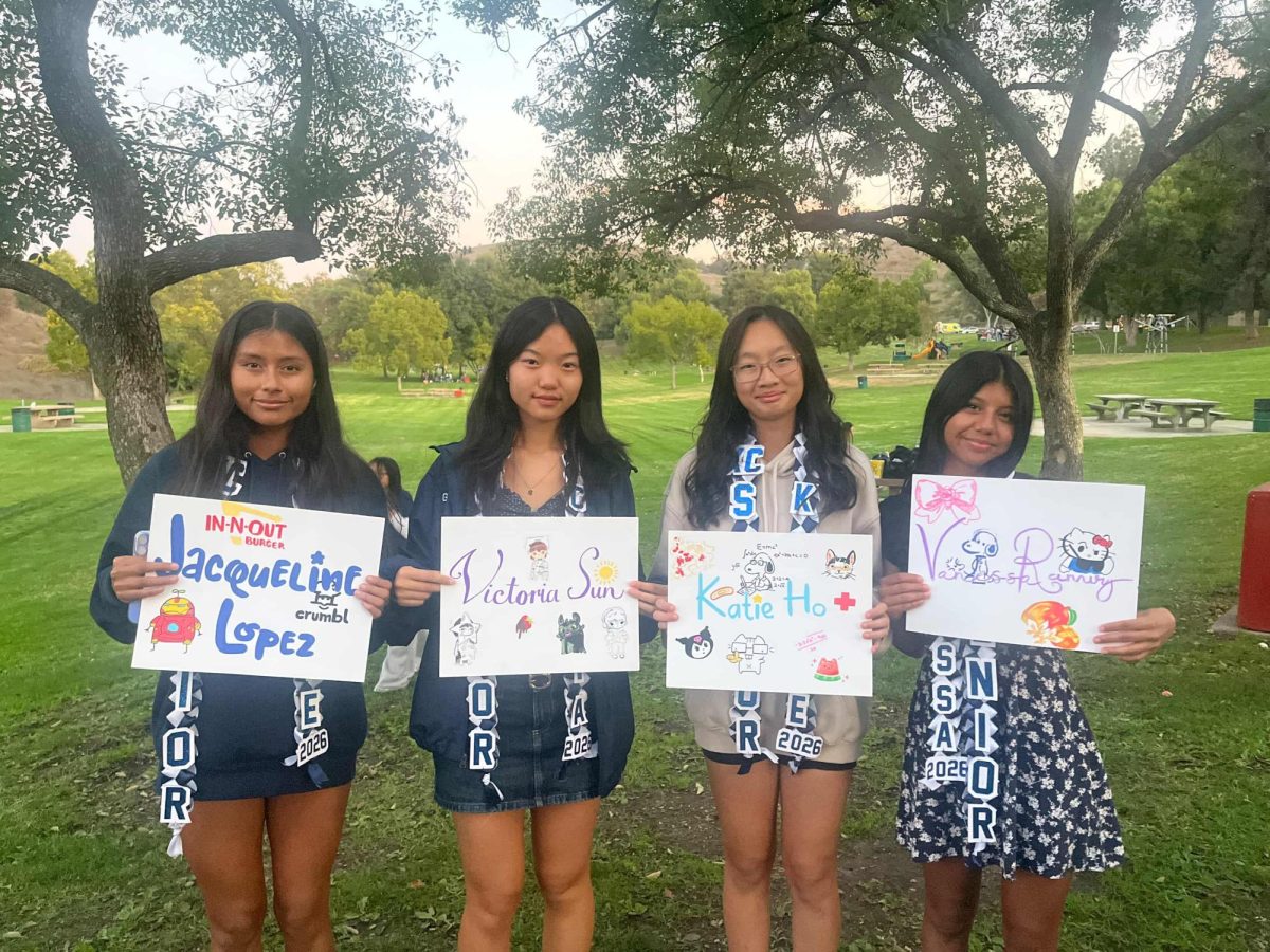 The girls' cross-country seniors pose for a photo after receiving personalized sashes and posters.