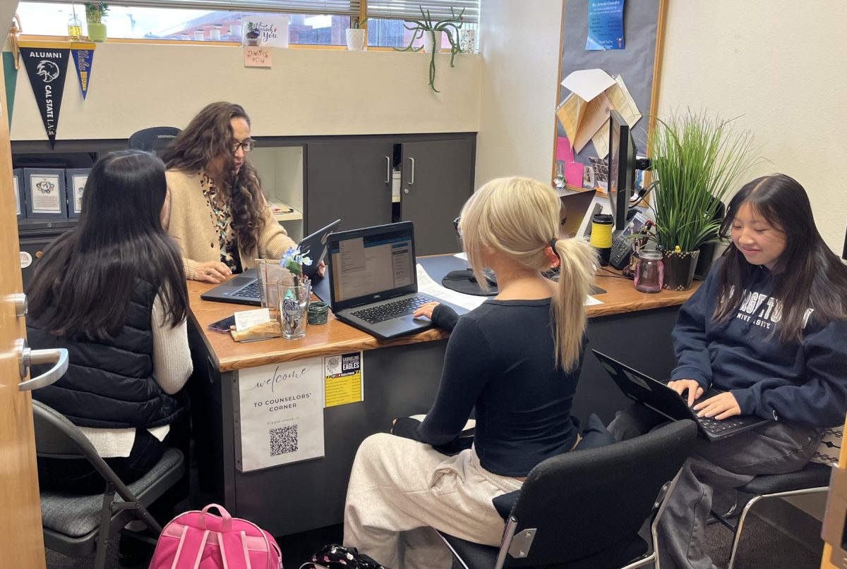 Counselor Maribel Arreola-Gonzalez helping seniors with their UC application.