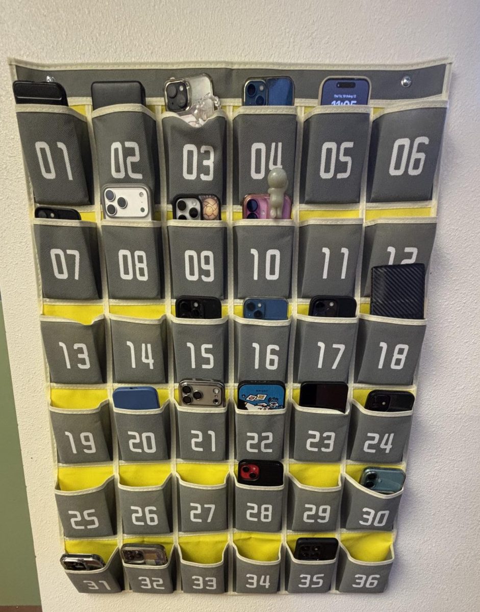 Phone pocket full of phones inside classroom 