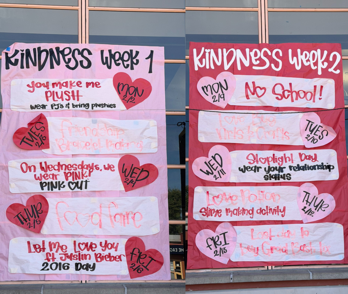 Kindness Week posters displayed on library window taken by Isaac Wu