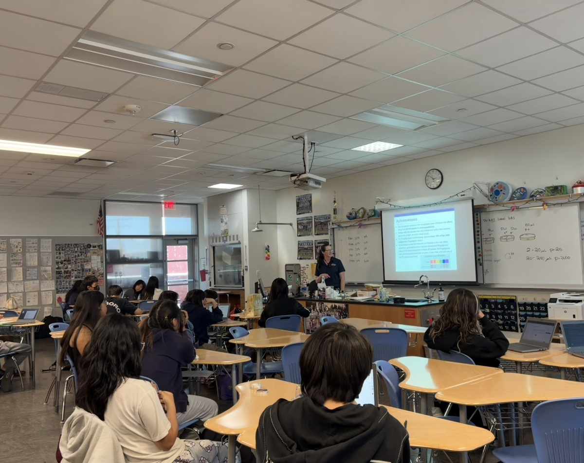 Laura Leyda teaching her honors biology class.