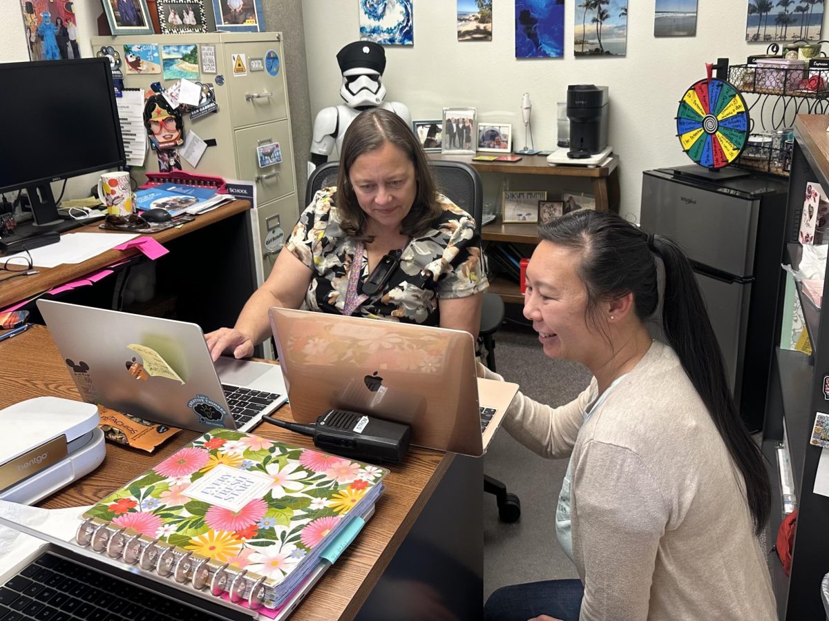 Current Gabrielino vice principal and future principal Chanda Strom working with counsuler Amanda Ly.